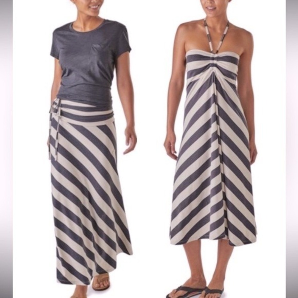 Patagonia Maxi Dress Women Small Navy Cream Striped Halter Organic Cotton Tencel